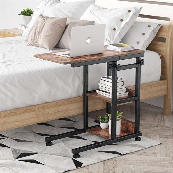 Height Adjustable C Table， Sofa Side Tables， Mobile End Table with Storage Shelves