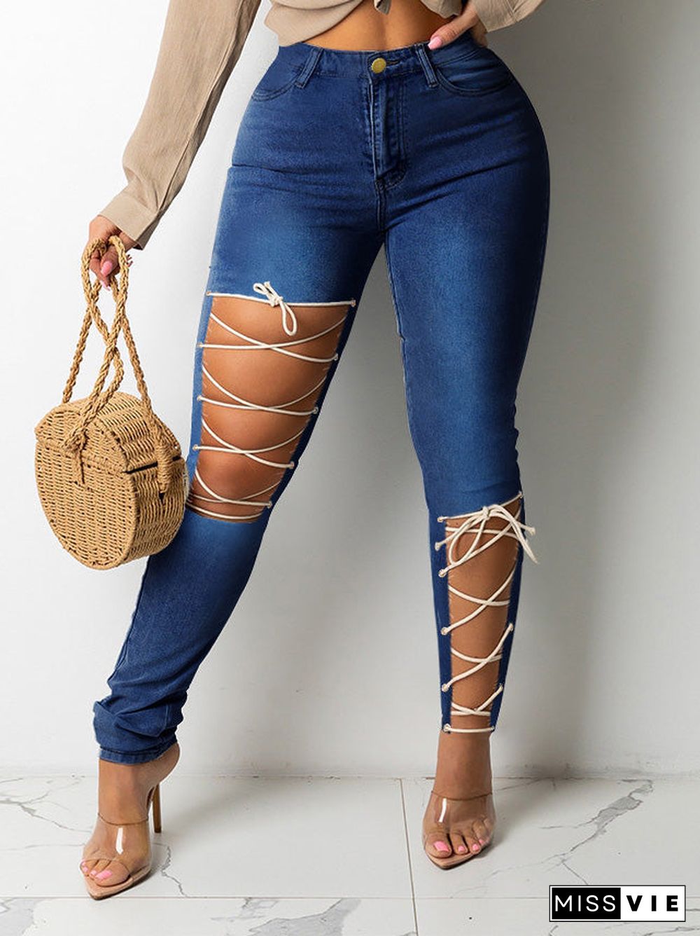 Women'S Jeans Ripped Tie Stretch Slim Jeans