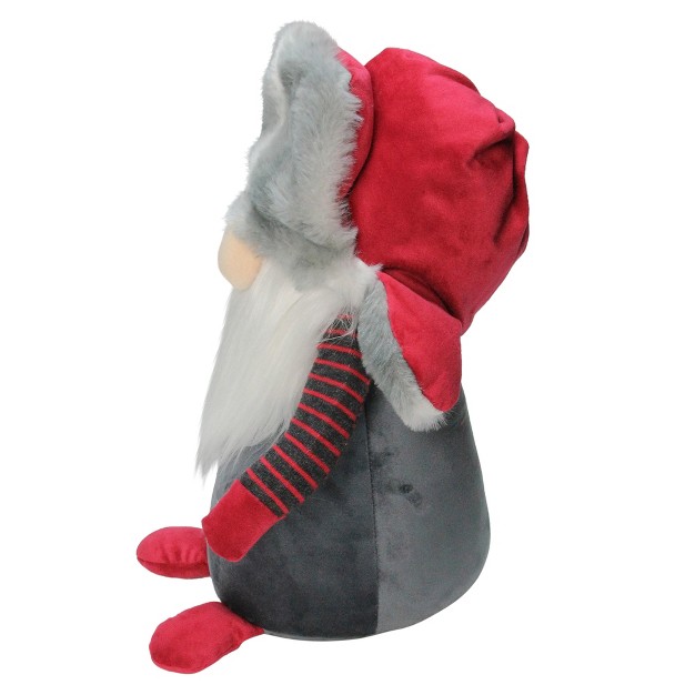 Light Grey Gnome With Red And Grey Fur Trapper Hat Christmas Decoration