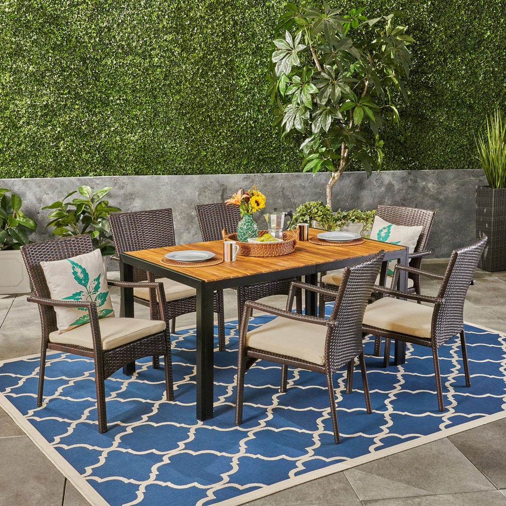 GDF Studio Faithe Outdoor 6 Seater Rectangular Acacia Wood and Wicker Dining Set   Tropical   Outdoor Dining Sets   by GDFStudio  Houzz