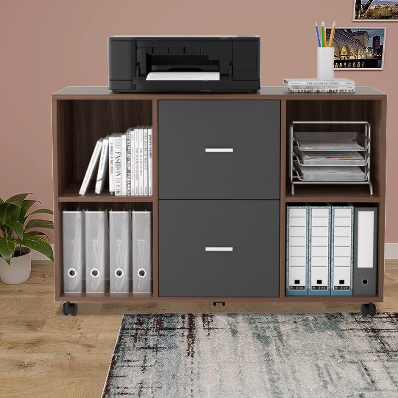 2 drawers filing cabinet Gray office furniture Solid Wood desk shelves