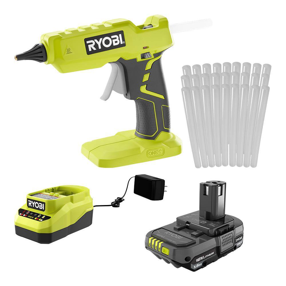 RYOBI ONE+ 18V Cordless Full Size Glue Gun Kit with 1.5 Ah Battery and 18V Charger with Extra 24-Pack 12 in. Glue Sticks P305K1-A1932402