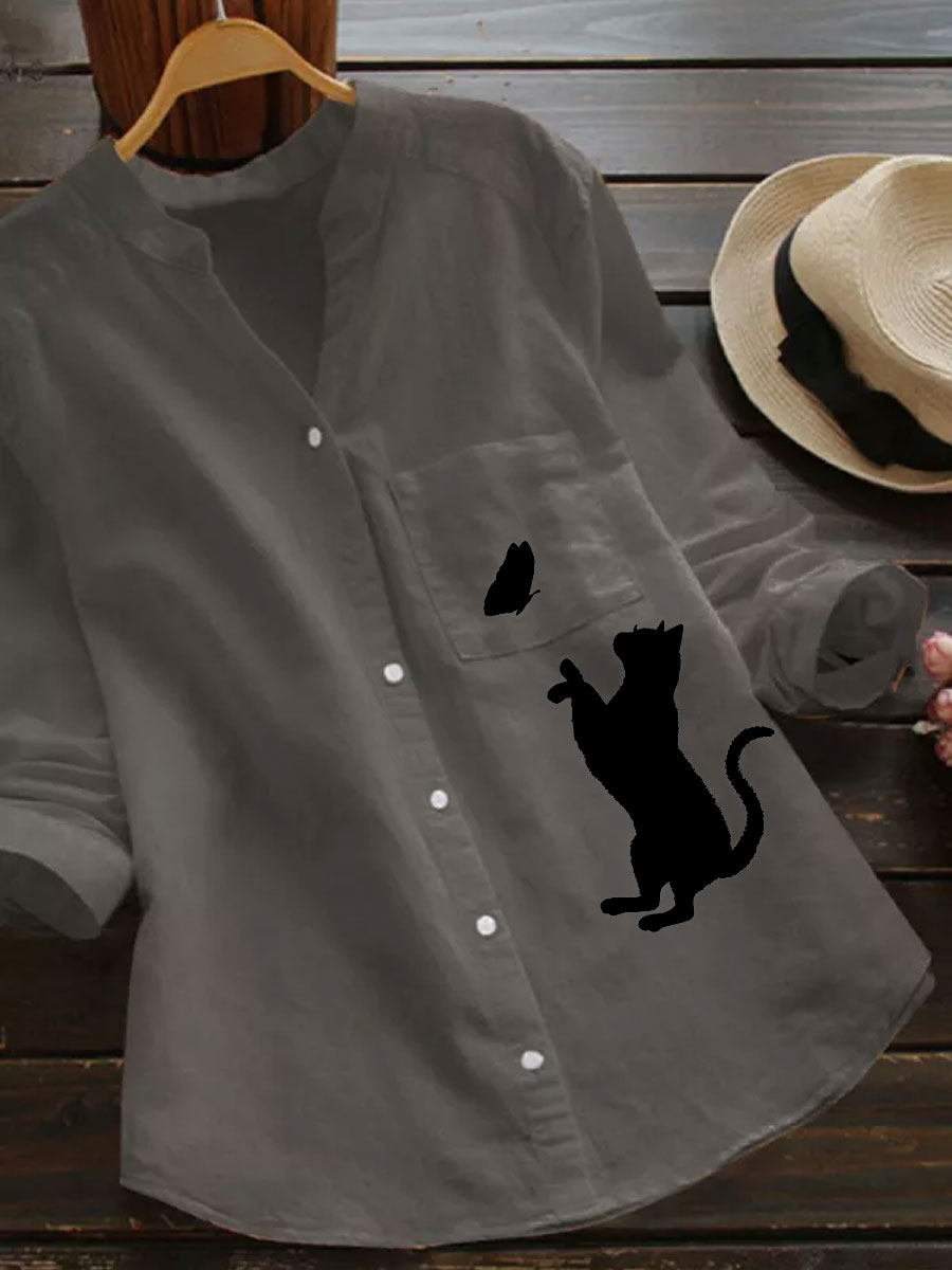 V-neck Casual Loose Cat Print Long-sleeved Blouse