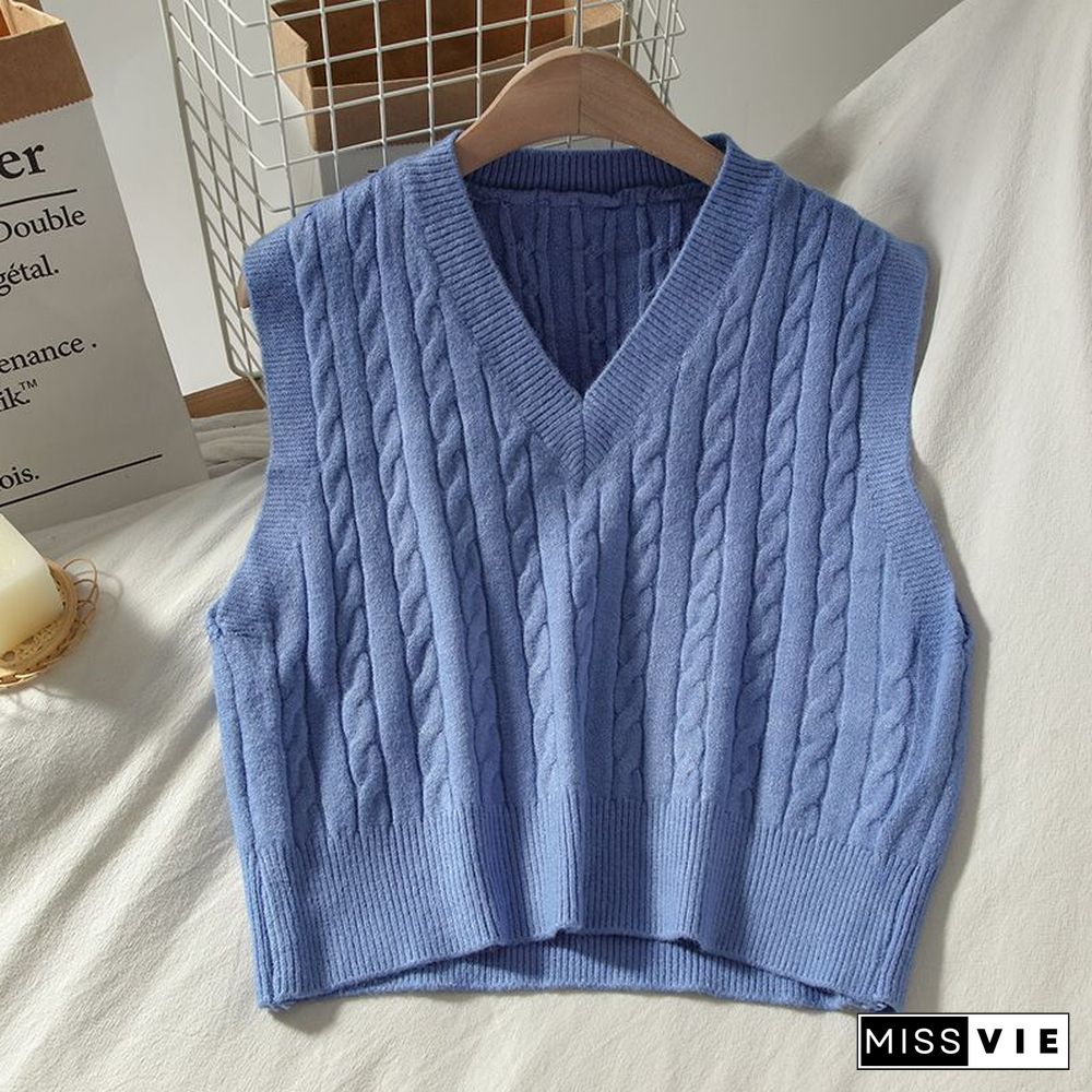 Oversized Cable Knit V Neck Knitted Tank Top Sweater