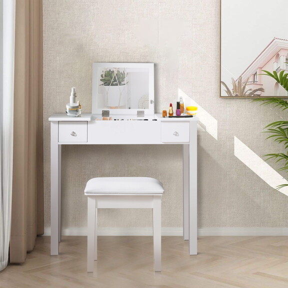 Accent White Vanity Table Set with Flip Top Mirror...