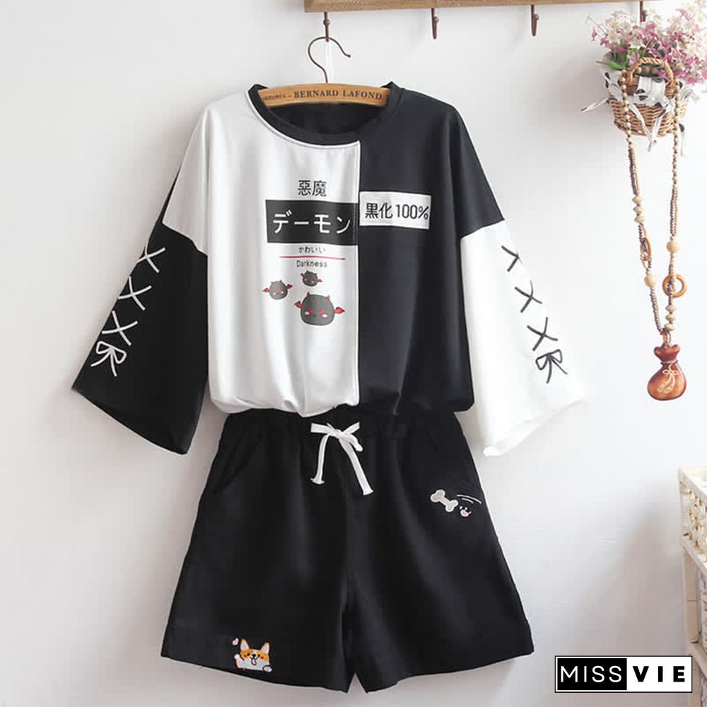 Devil Letter Print Colorblock Hooded T-Shirt Puppy Print Shorts