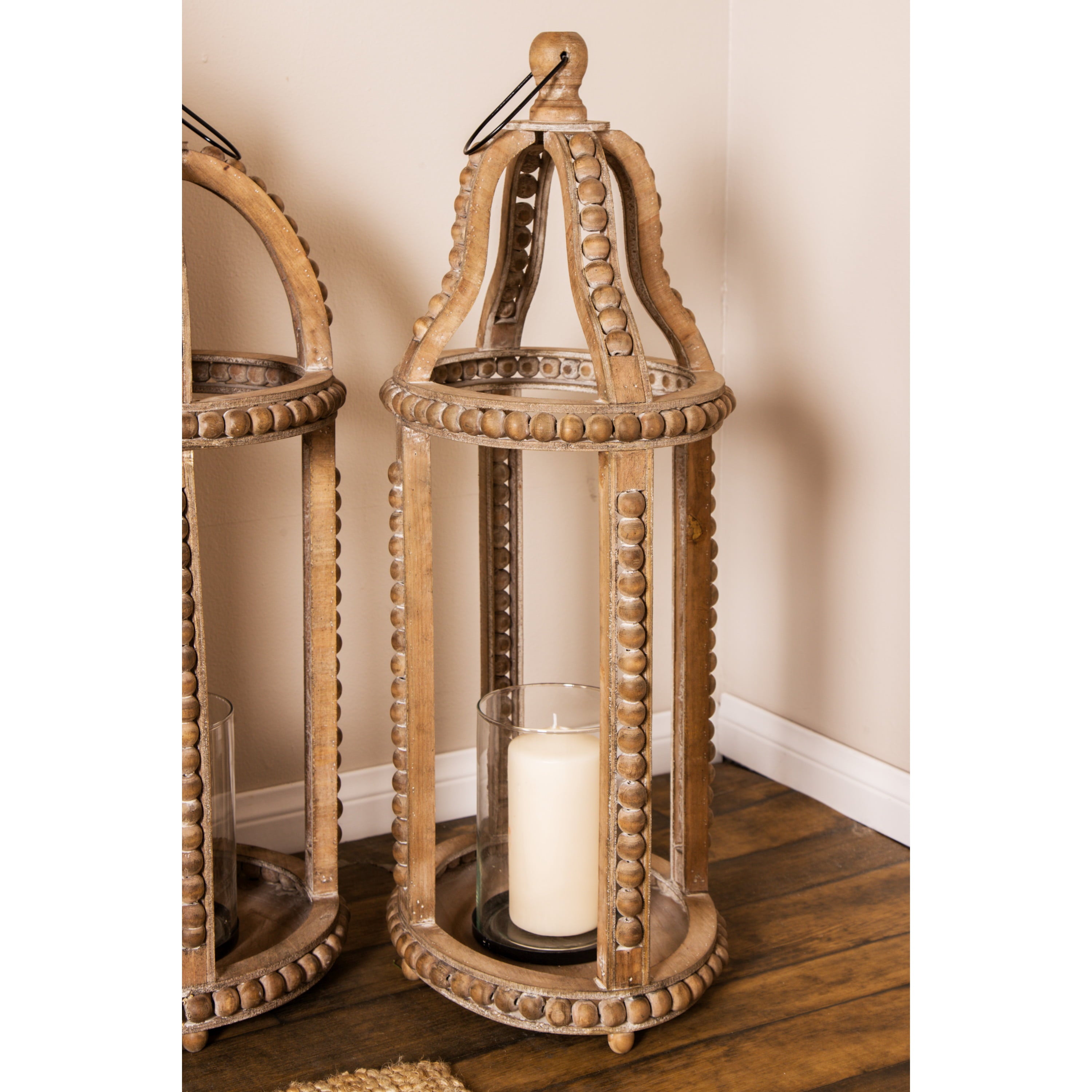 DecMode Brown Reclaimed Wood Beaded Pillar Candle Lantern