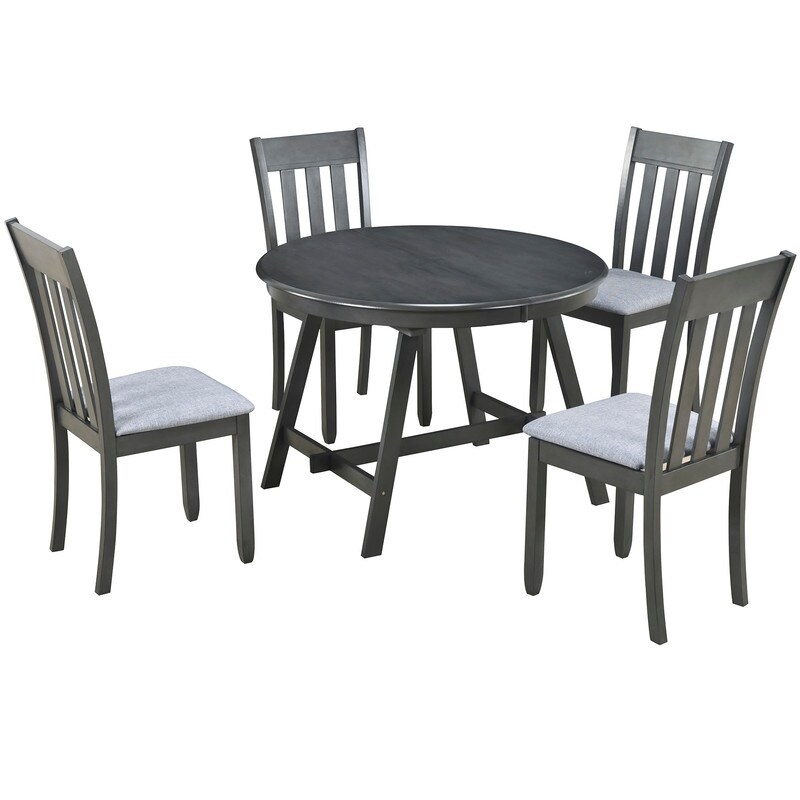 5 Piece Wooden Dining Table Set  Round Extendable Dining Table with 4 Dining Chairs