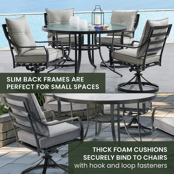 Hanover Lavallette 5Piece Dining Set in Silver Linings with 4 Swivel Rockers and a 52In. Round GlassTop Table