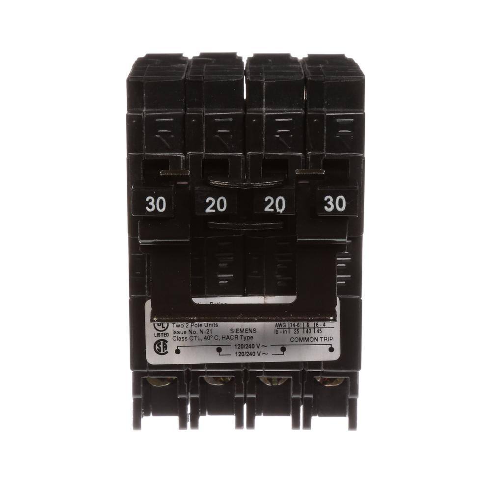 Siemens Quadplex Two Double Pole 30 Amp Outside Two Double Pole 20 Amp Inside Circuit Breaker Q23020CT2U