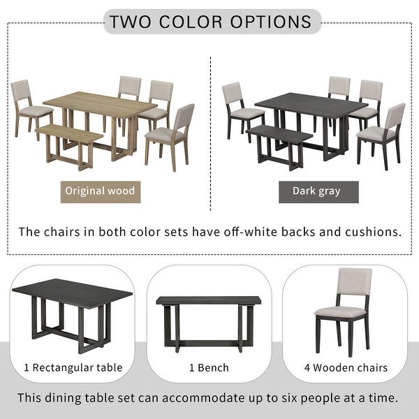 Wooden six-piece dining table H-shaped support design Dining table four chairs upholstered one wooden stool