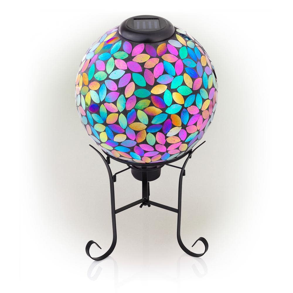 Alpine Corporation Outdoor Solar Powered Glass Mosaic Gazing Globe with Metal Stand Yard Decoration, Purple GRS122A-SLR