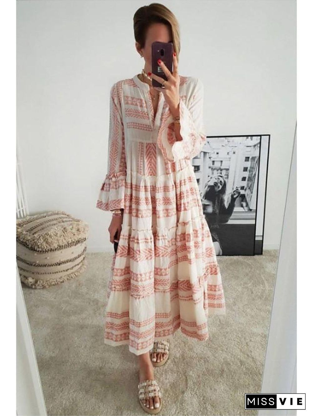 Women's Swing Dress Maxi long Dress 3/4 Length Sleeve Geometric Print Spring Summer Boho Flare Cuff Sleeve Blushing Pink Gray S M L XL XXL 3XL