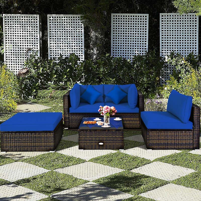 5 Pcs Outdoor Patio Rattan Furniture Sectional Sofa Set Wicker Conversation Set with Cushions