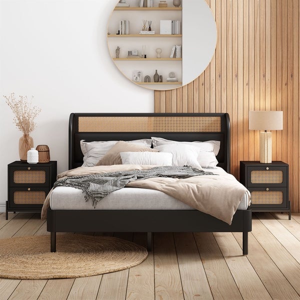 3 Pieces Bedroom Set Rattan Wood Platform Queen Bed and 2 Nightstand - - 37970687