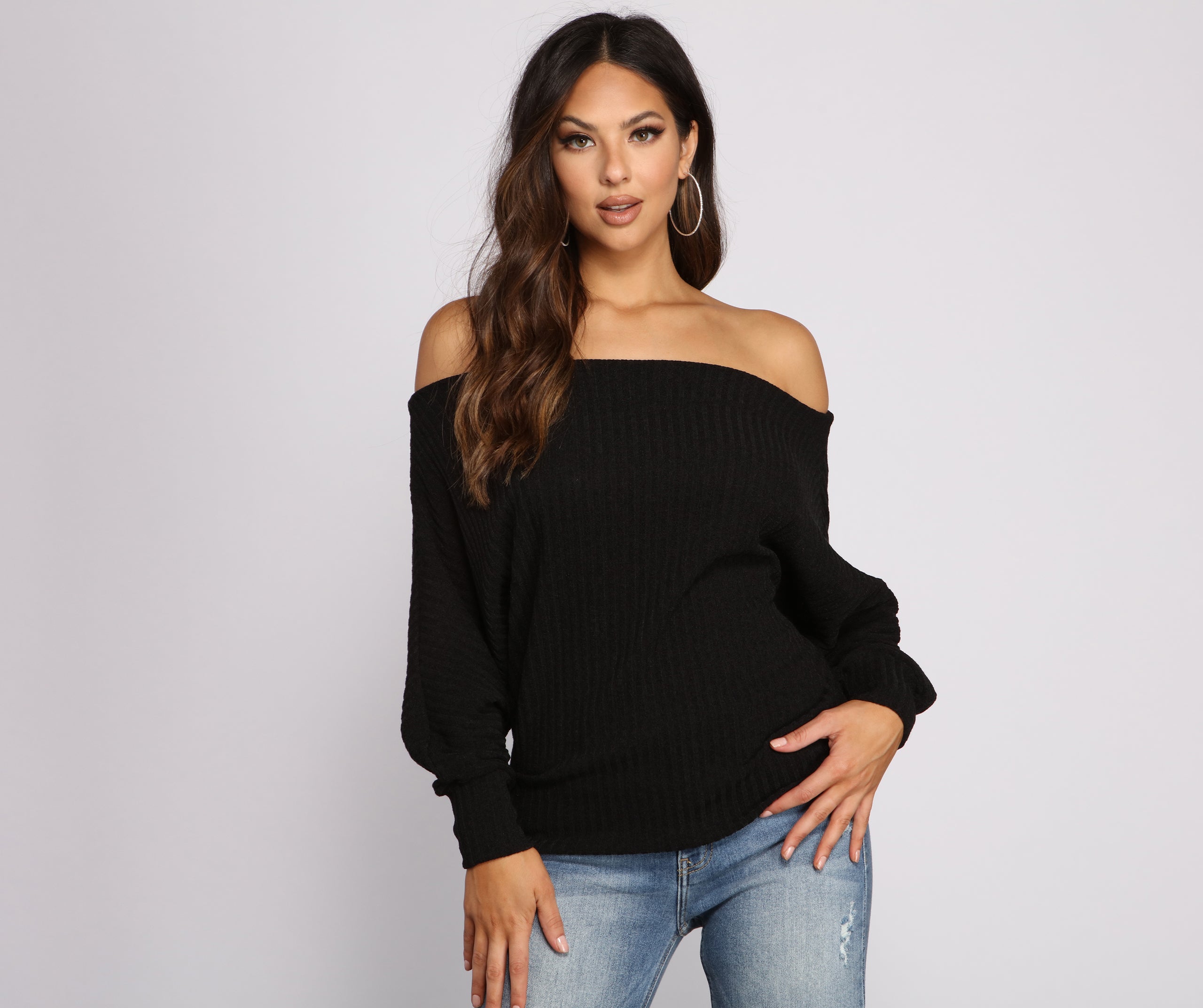 Ribbed Knit Off The Shoulder Tunic