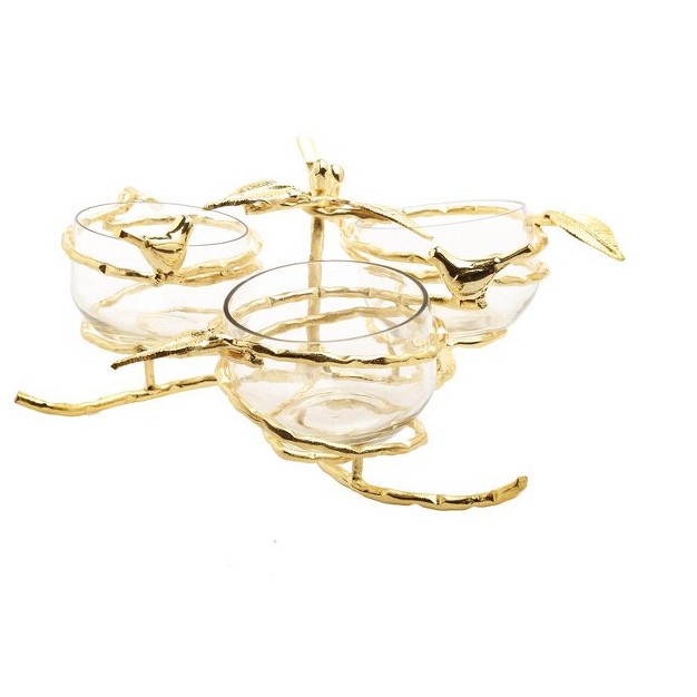 Classic Touch Gold Leaf 3 Bowl Relish Dish With Glass Inserts