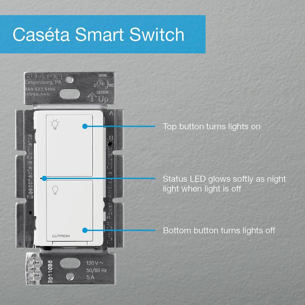 Lutron Caseta Smart Switch 3 Way Kit with RemoteBracket for All Bulbs or Fans 5ANeutral Wire Required White (P-PKG1WS-WH) P-PKG1WS-WH