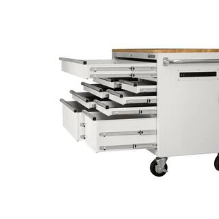 Husky 52 in. W x 25 in. D Standard Duty 9-Drawer Mobile Workbench Tool Chest with Solid Wood Top in Gloss White HOTC5209BJ1M