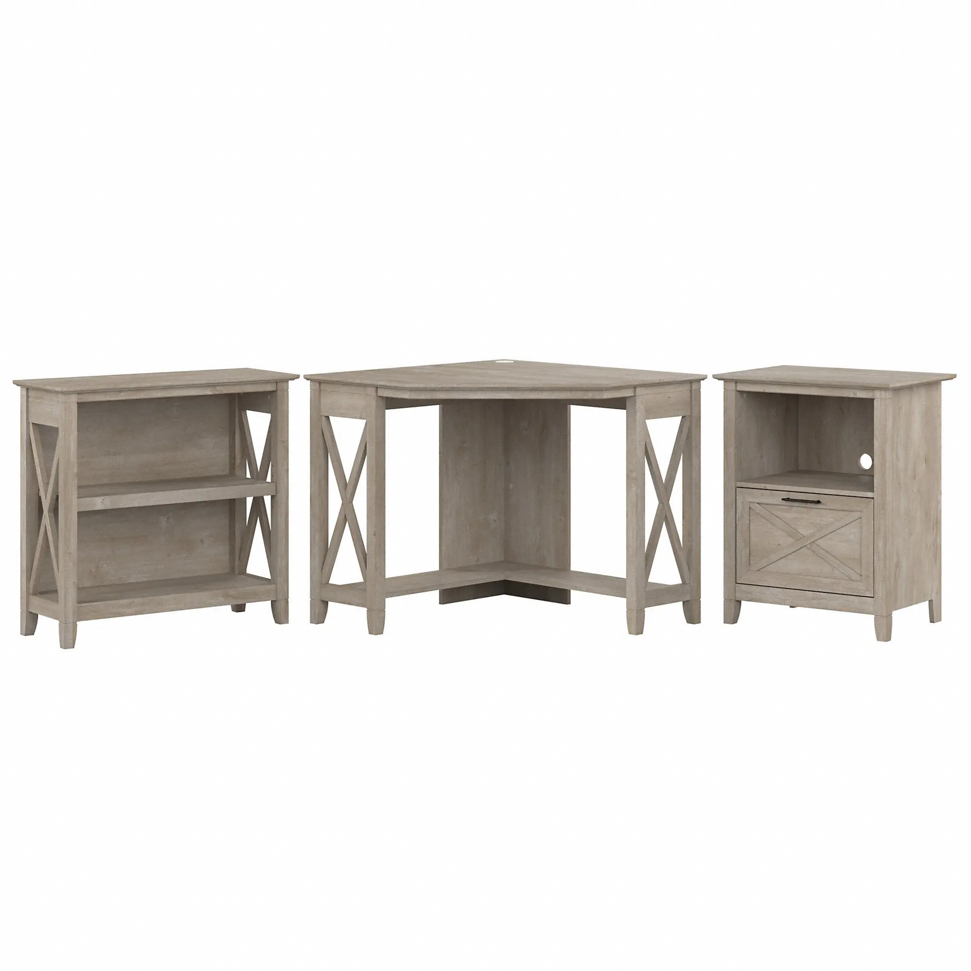 Key West Farmhouse Washed Gray Corner Desk with 2-Shelf Bookcase， and File Cabinet