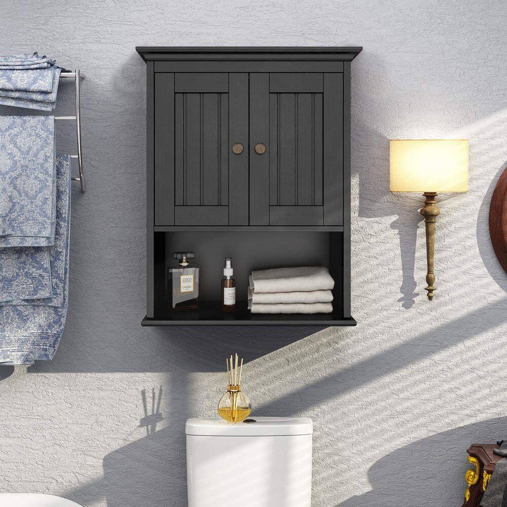 Dracelo 18.9 in. W x 9.25 in. D x 23.43 in. H Black Bathroom Wall Cabinet with Doors and Adjustable Shelf B09NNNKRBT