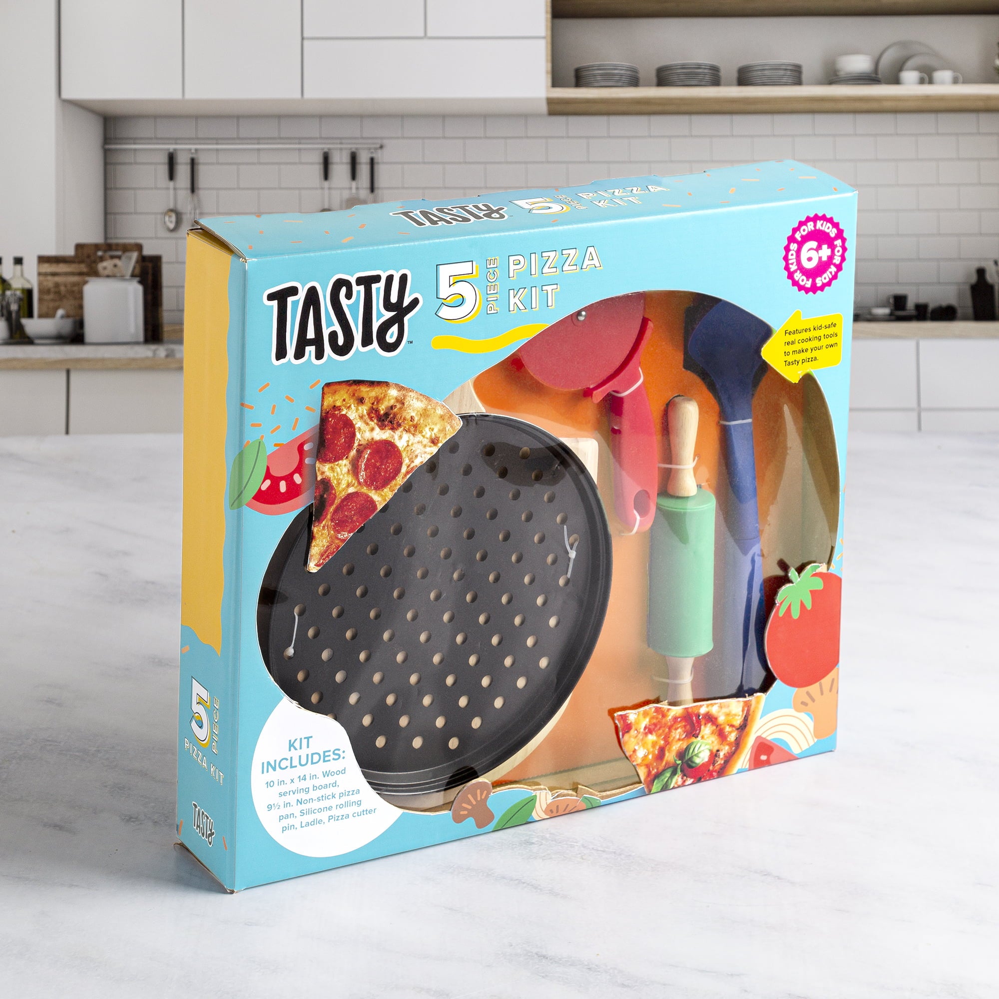 Tasty Kits Pizza Gadget Set, Includes Non-Stick Pizza Pan, Wood Serving Board, and Real Kid-Safe Cooking Tools, Multi-color, 5 Piece