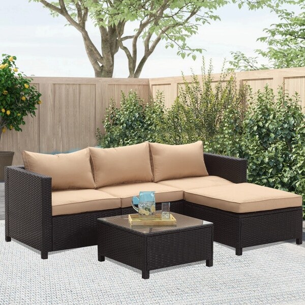 Zenova 5 piece Outdoor Patio Rattan Sofa Sectional Set with Pillows - Overstock - 35852827