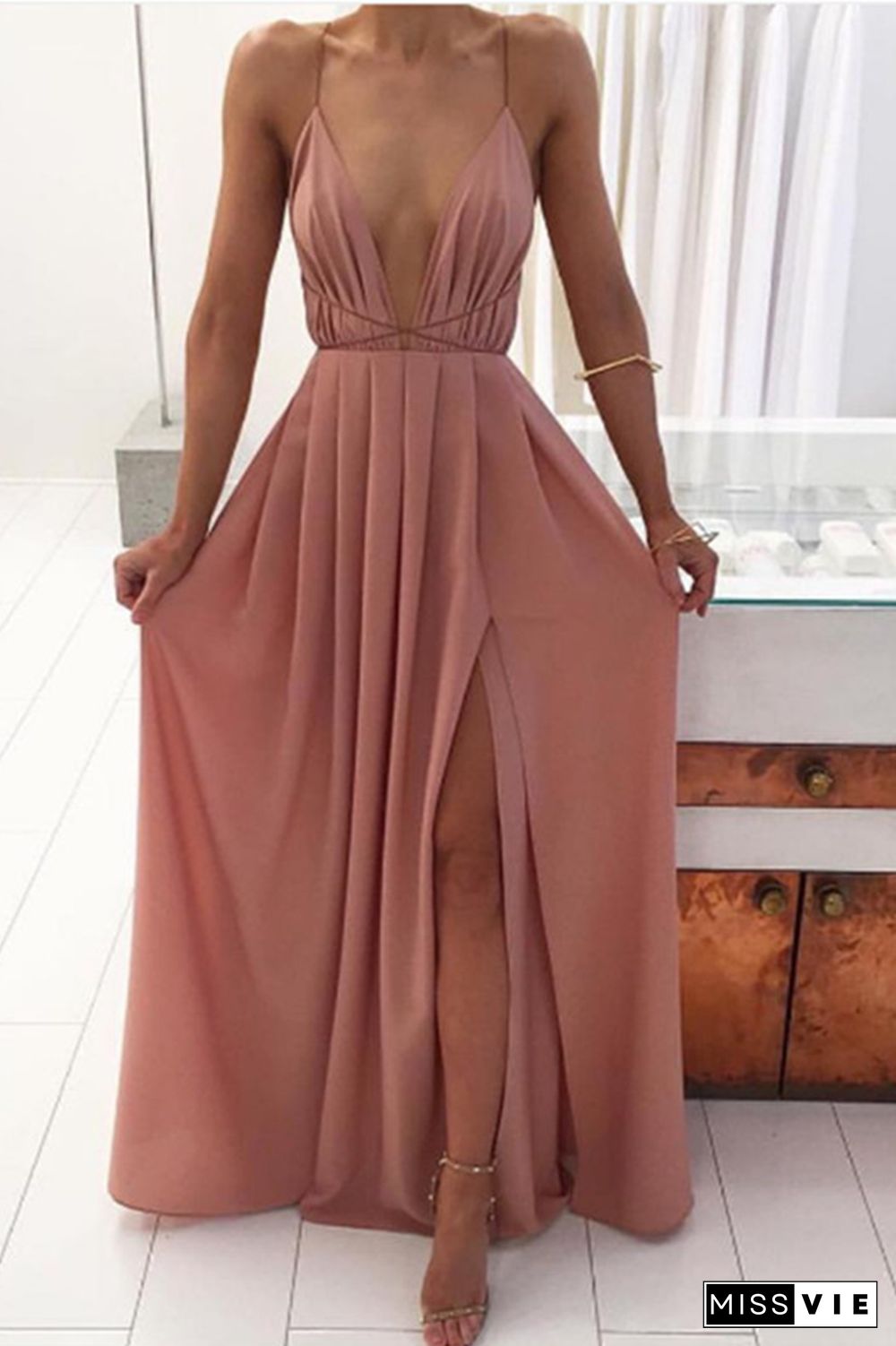 Casual Solid Split Joint V Neck Waist Skirt Dresses