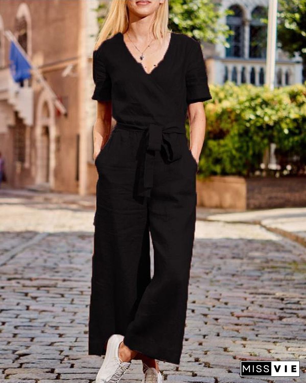 Paneled Solid Cross Front V-neck Casual Jumpsuit