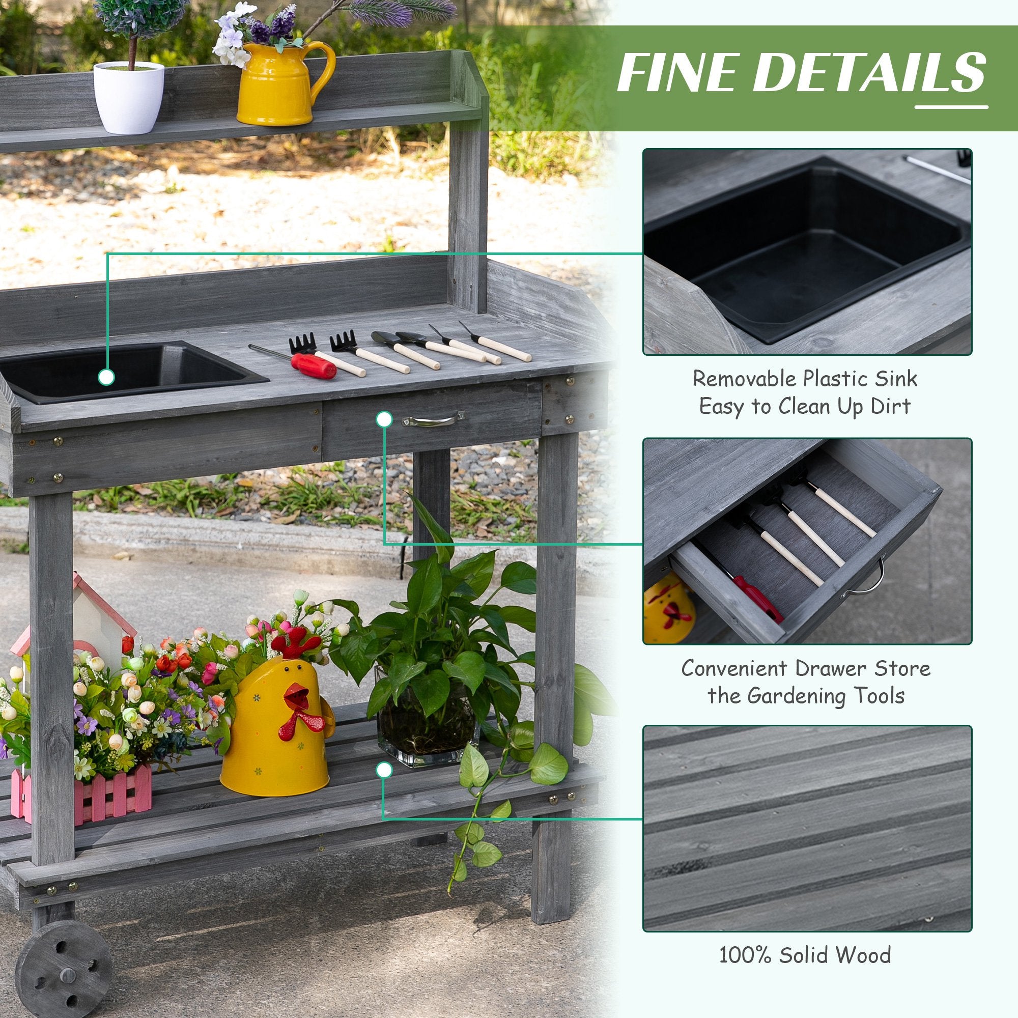 Wooden Potting Bench Table with Drawer Sink Hook Open Shelf for Outside