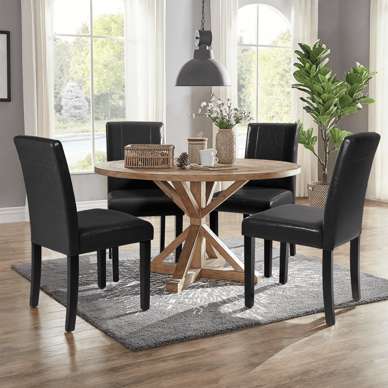 Lacoo Set of 4 Urban Style PU Leather Dining Chairs with Wood Legs， Black