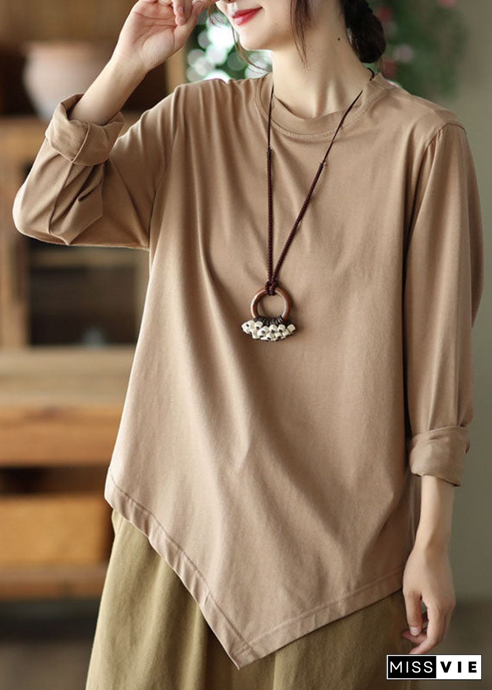 Khaki Oversized Cotton Shirt Top Asymmetrical Design Spring