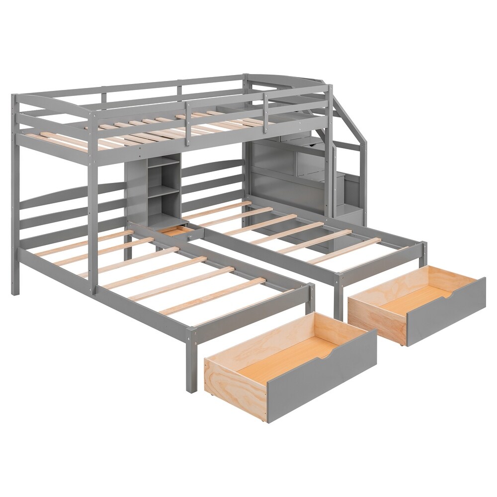 Twin Over Twin Twin Bunk Bed  Triple Bunk Bed w/Drawers  Staircase with Storage  Built in Shelves  for 3 Kids Teens Adults  Grey