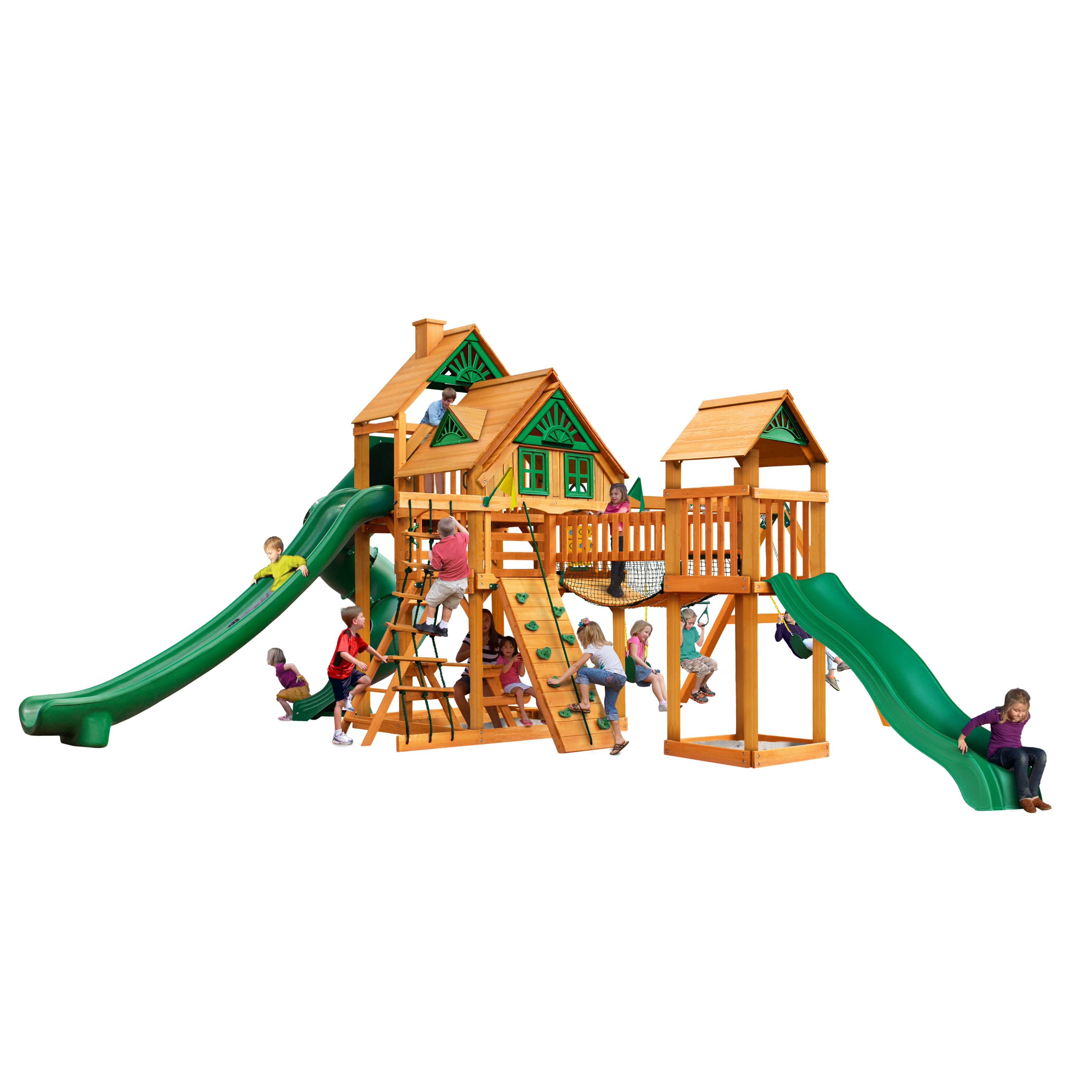 Gorilla Playsets Treasure Trove II Treehouse Wooden Swing Set with 3 Slides， Clatter Bridge and Tower， and Rock Climbing Wall