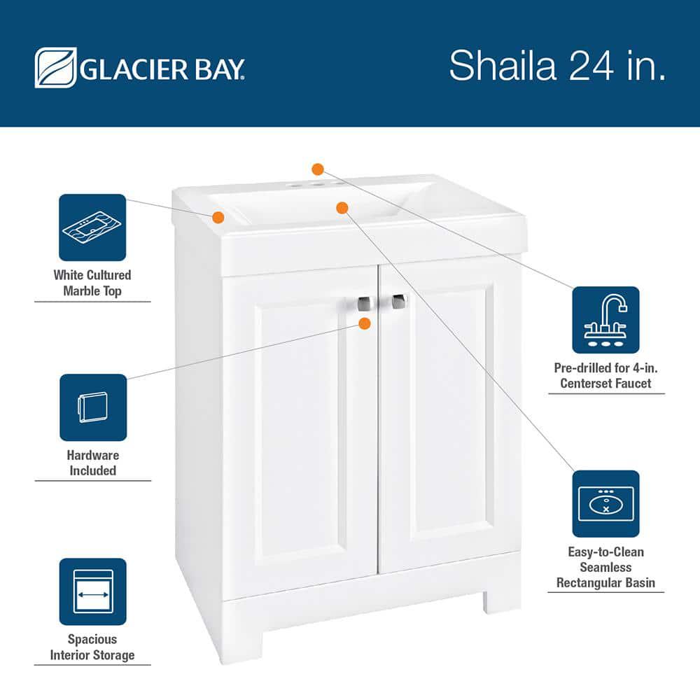 Glacier Bay Shaila 245 in W x 162 in D x 351 in H Freestanding Bath Vanity in White with White Cultured Marble Top