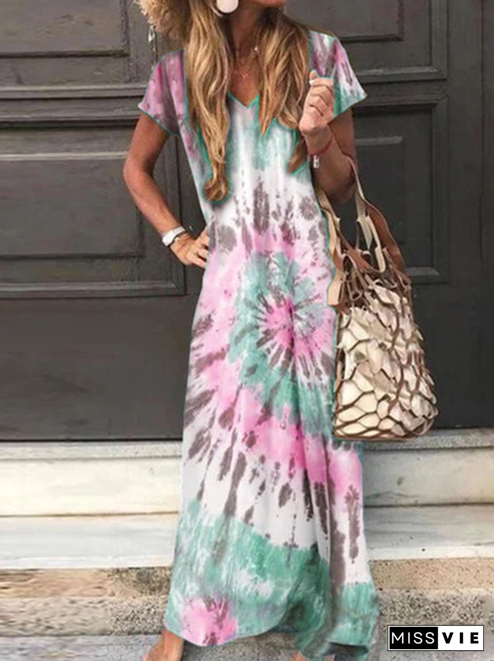 Short Sleeve A-Line Ombre/tie-Dye Dresses