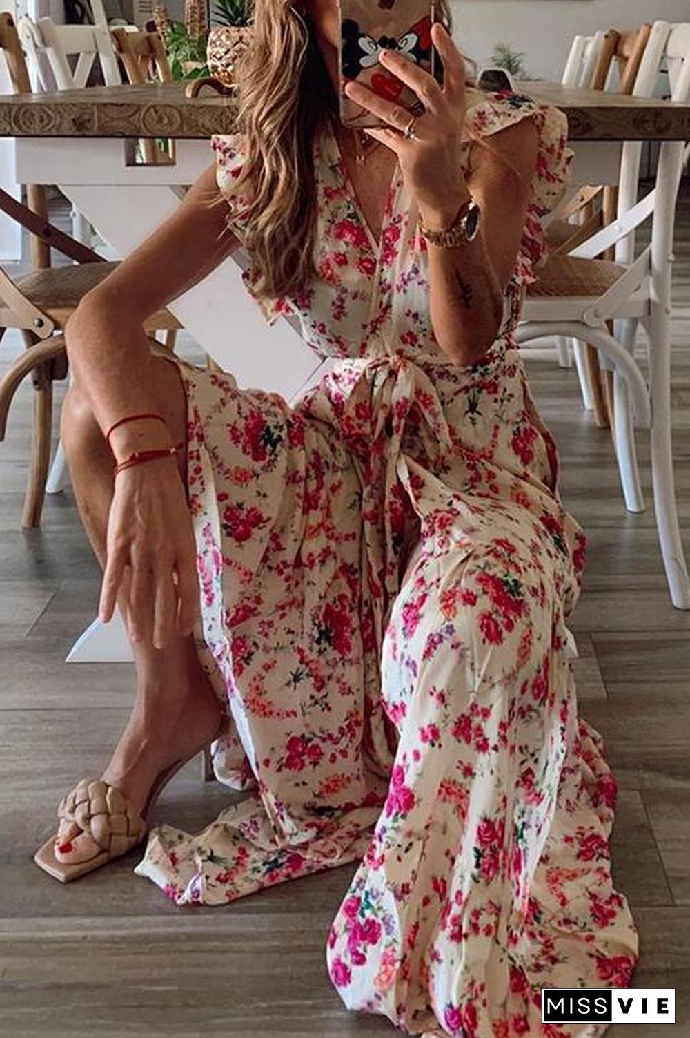 Floral Print Ruffles Maxi Wrap Dress