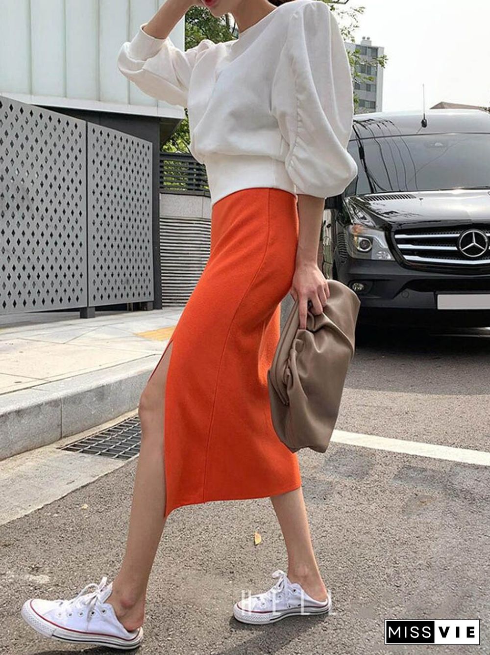 Orange Knitted Skirts Women Elastic Waist Split Pencil Skirt Korean Casual Bodycorn Long Midi Skirt Sweet Vintage Elegant