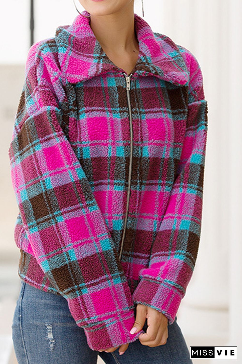 Tweed Plaid Turn-down Collar Short Jacket Wholesale