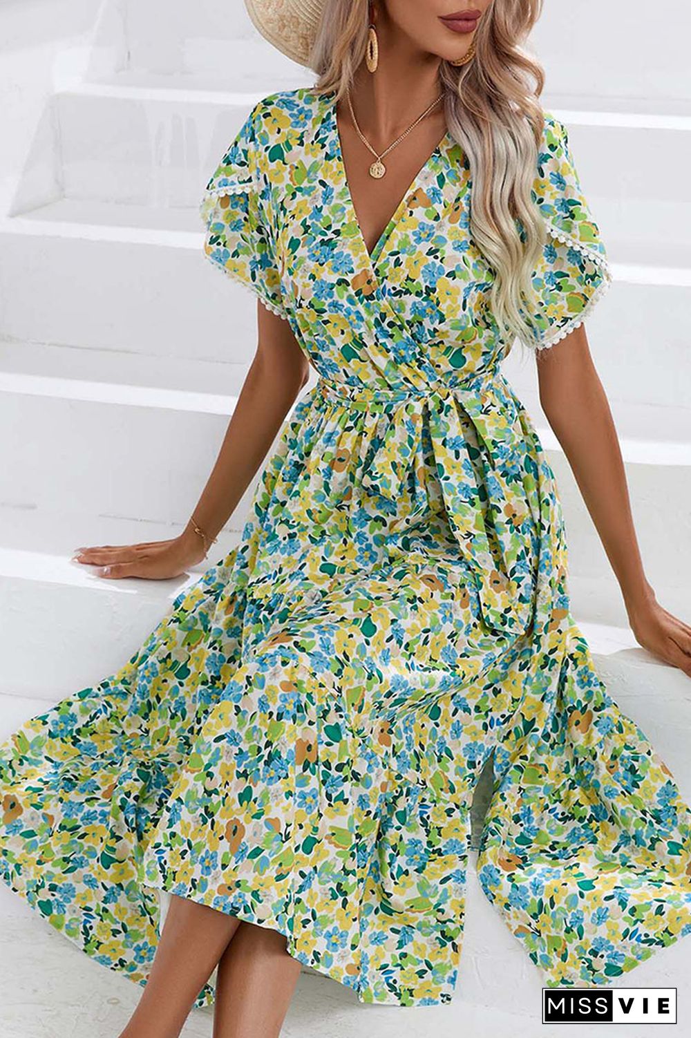 Wrap V Neck Tulip Sleeves Maxi Floral Dress