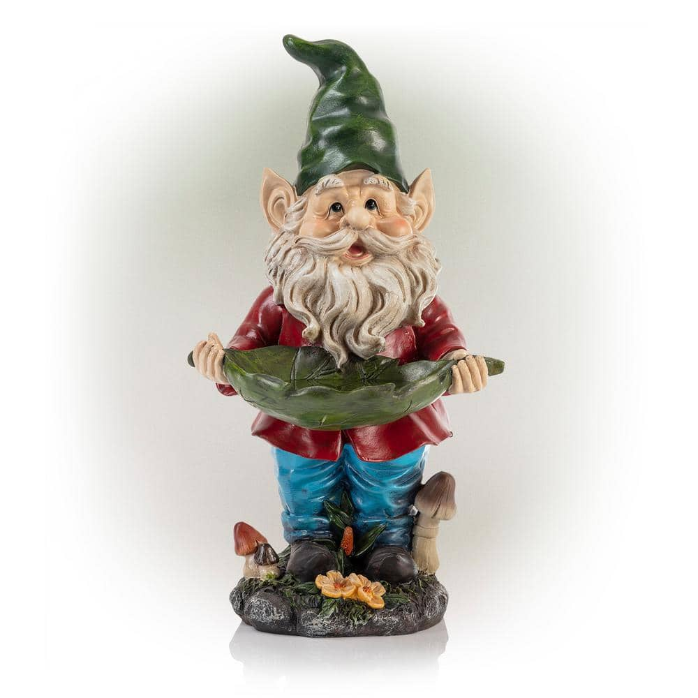 Alpine Corporation 16 in. Tall Outdoor Garden Gnome and Bird Feeder Yard Statue Decoration WAC208