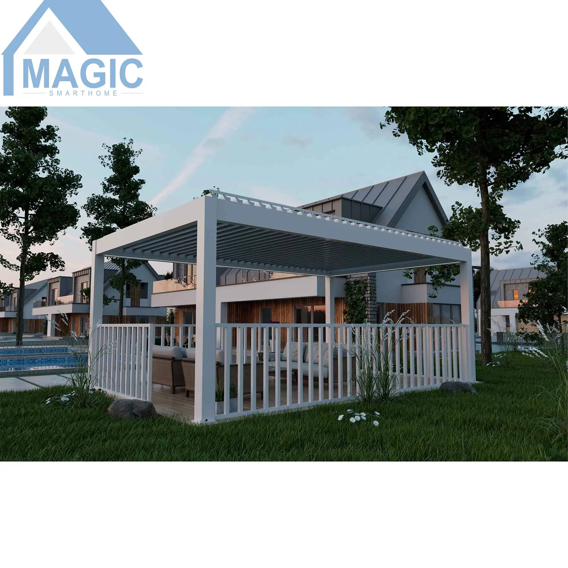 Chinese factory directly supply Modern Aluminum Garden Louvered Pergola Aluminium Gazebo Pergola Roof with Sliding Glass Doors