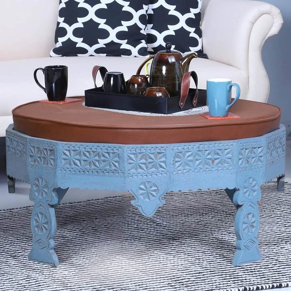 Newington Hand Carved Blue Low Height Round Upholstered Coffee Table   Mediterranean   Coffee Tables   by Sierra Living Concepts Inc  Houzz