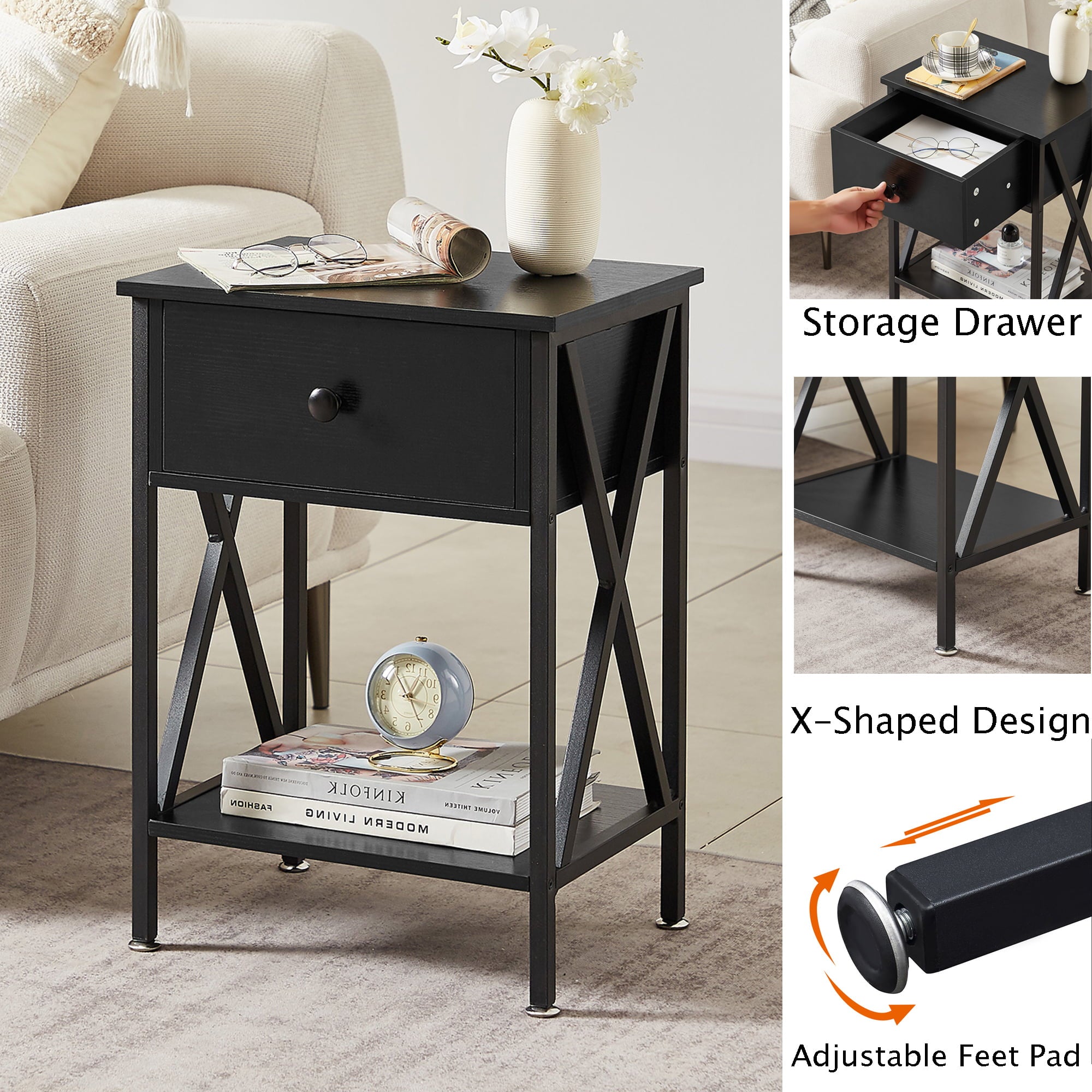 VECELO Set of 2 Nightstand with Drawer and Open Storage Shelves, Bedside End Table for Bedroom Living Room, Black