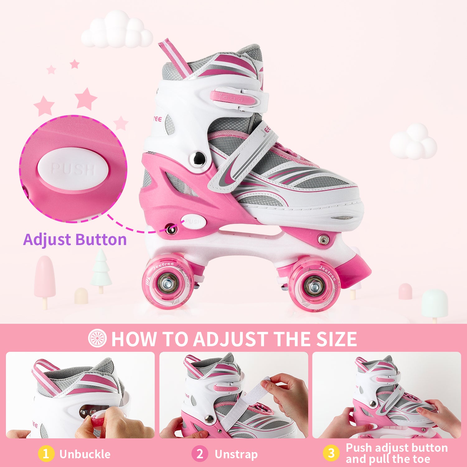 Jeefree Roller Skates for Girls，Kids Roller Skates for Ages 3-8，Size J12-2，Pink