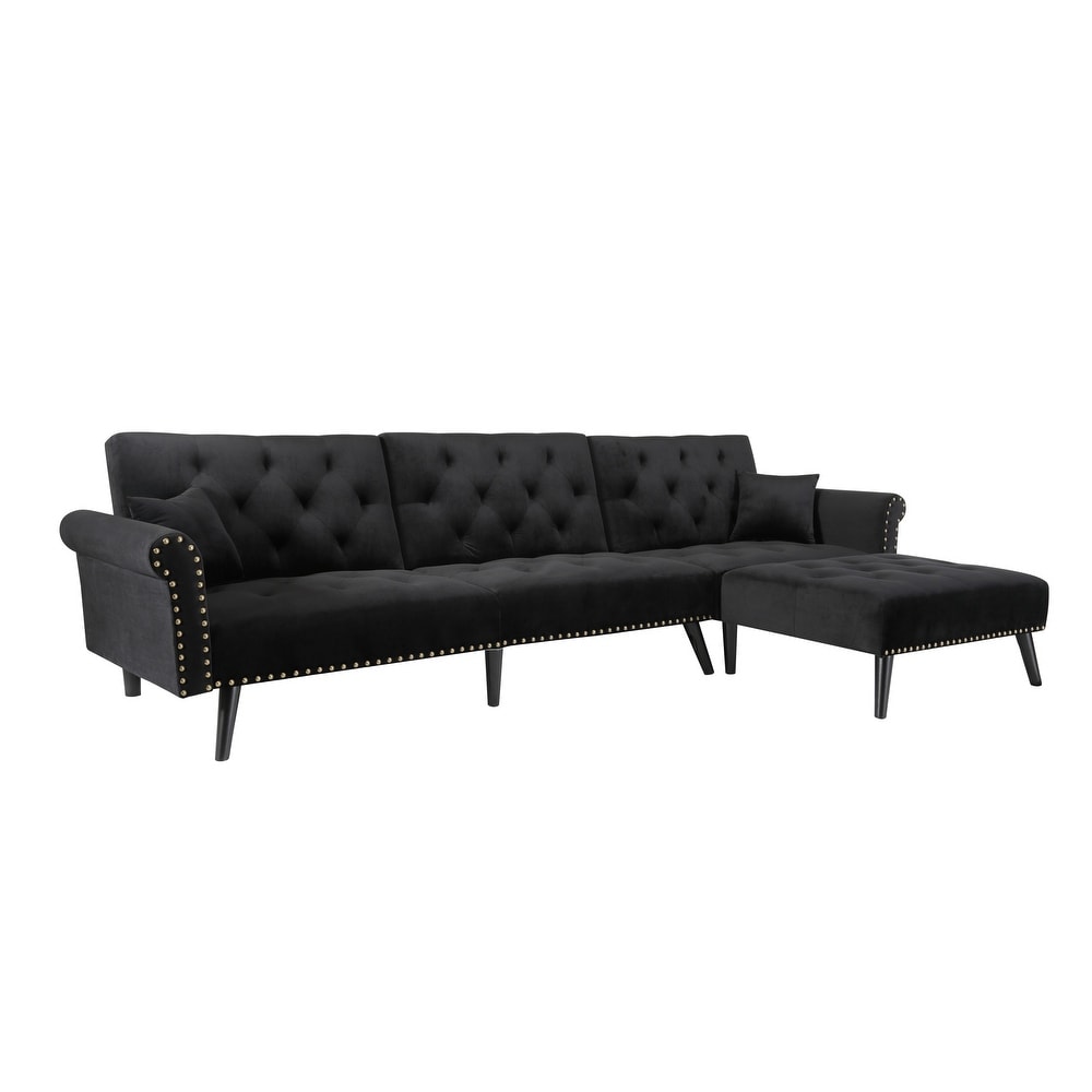 Velvet Convertible Sectional Chaise Sleeper Sofa Bed with Adjustable Tufted Back  Nailheads Decor and 2 Pillows  Black