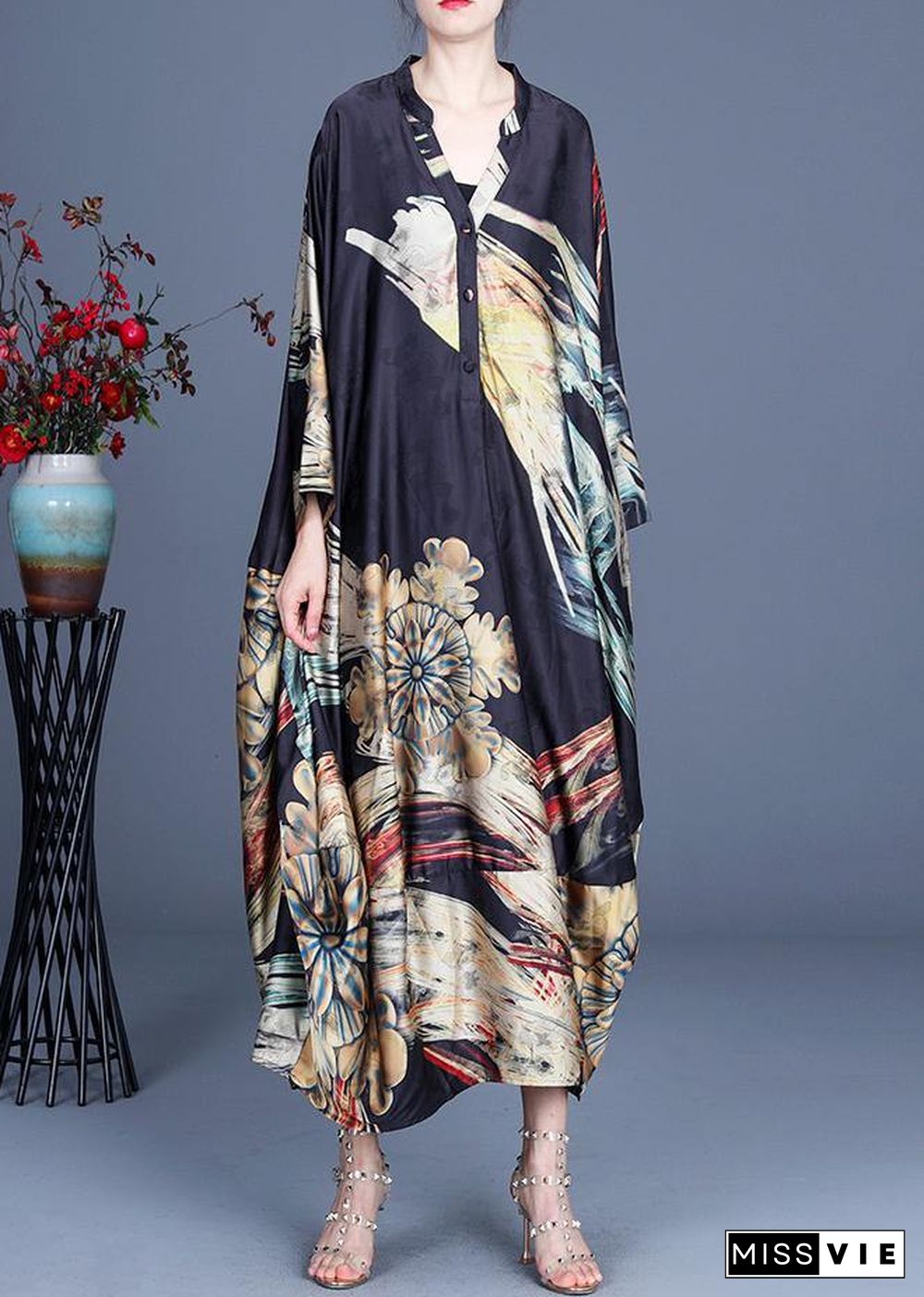 Italian Black Print Button Summer Spring Chiffon Dress