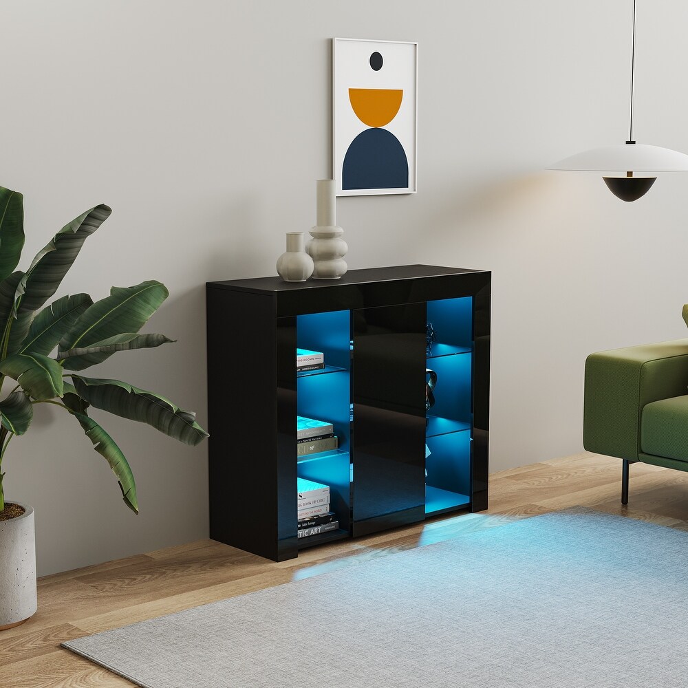 Multipurpose LED Storage Cabinet with Multi Colour LED Lights  Open Three Tiers Cubby Space   One Door