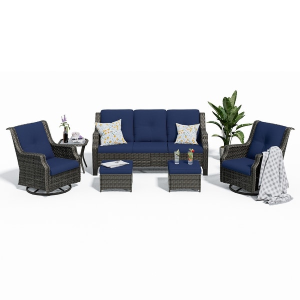 Cozywor 6Piece Outdoor Patio Swivel Rocking Wicker Conversation Lounge Chairs with Side Table and Ottoman