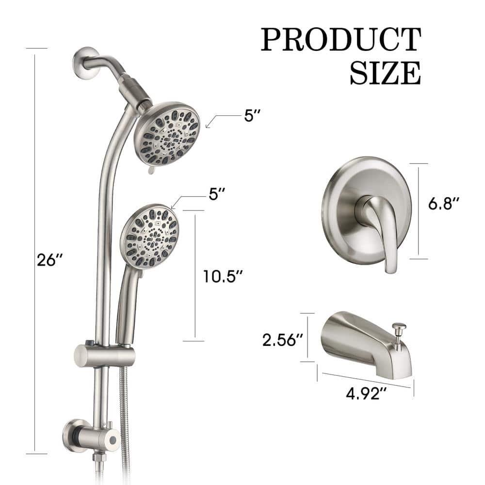 YASINU SingleHandle 7Spray Settings Round Tub and Shower Faucet with Dual Shower Heads in Brushed Nickel